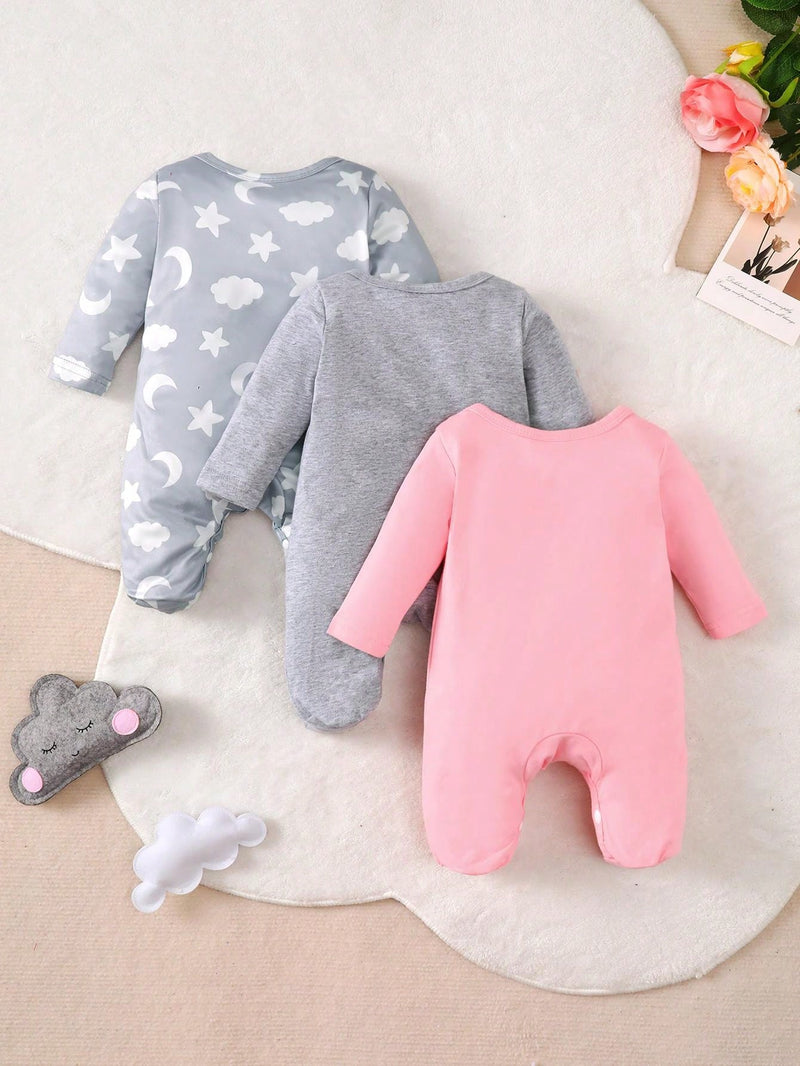 3 peças Conjunto de Macacão de Manga Longa com Decote Redondo Casual para Recém-Nascidos Meninas com Estampa de Estrela, Lua e Nuvem