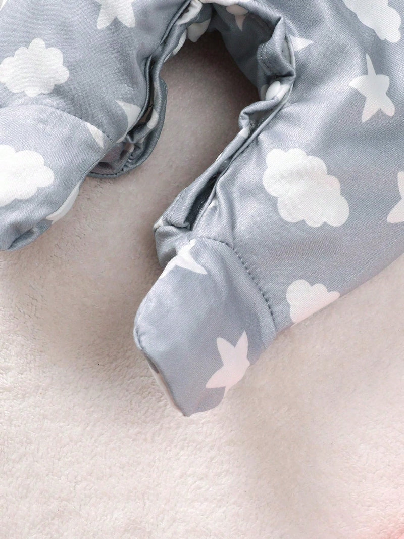 3 peças Conjunto de Macacão de Manga Longa com Decote Redondo Casual para Recém-Nascidos Meninas com Estampa de Estrela, Lua e Nuvem