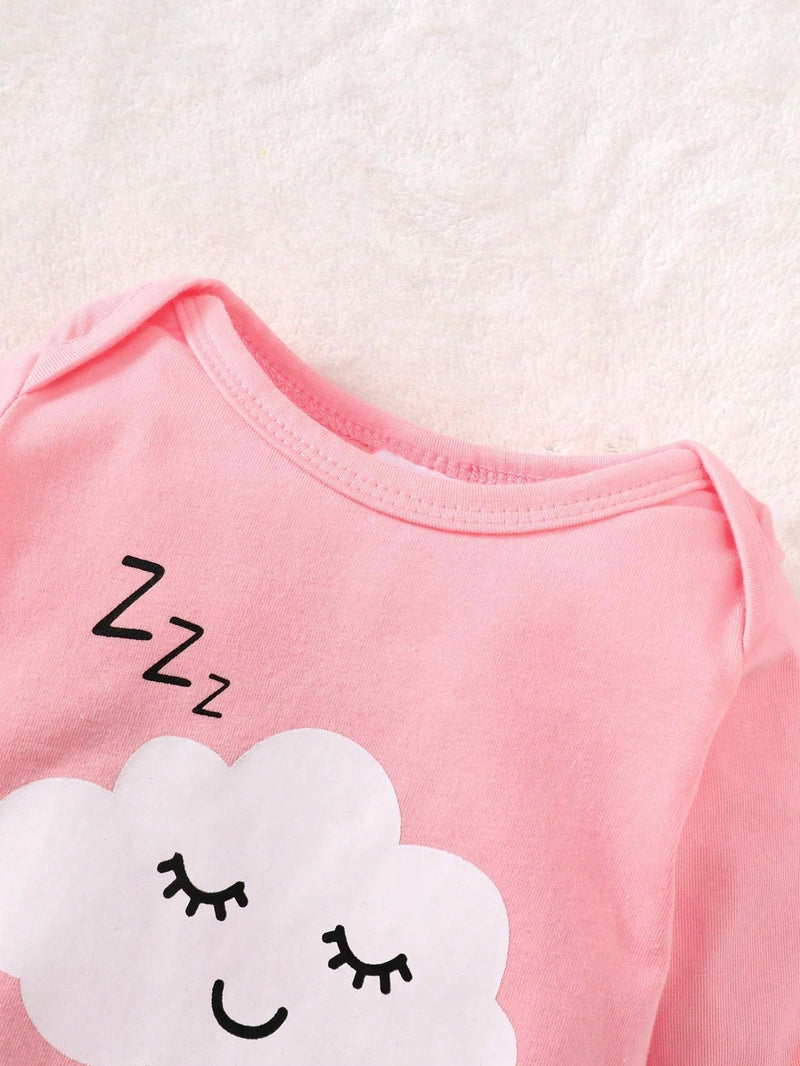 3 peças Conjunto de Macacão de Manga Longa com Decote Redondo Casual para Recém-Nascidos Meninas com Estampa de Estrela, Lua e Nuvem