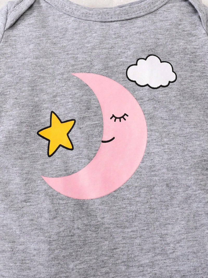 3 peças Conjunto de Macacão de Manga Longa com Decote Redondo Casual para Recém-Nascidos Meninas com Estampa de Estrela, Lua e Nuvem