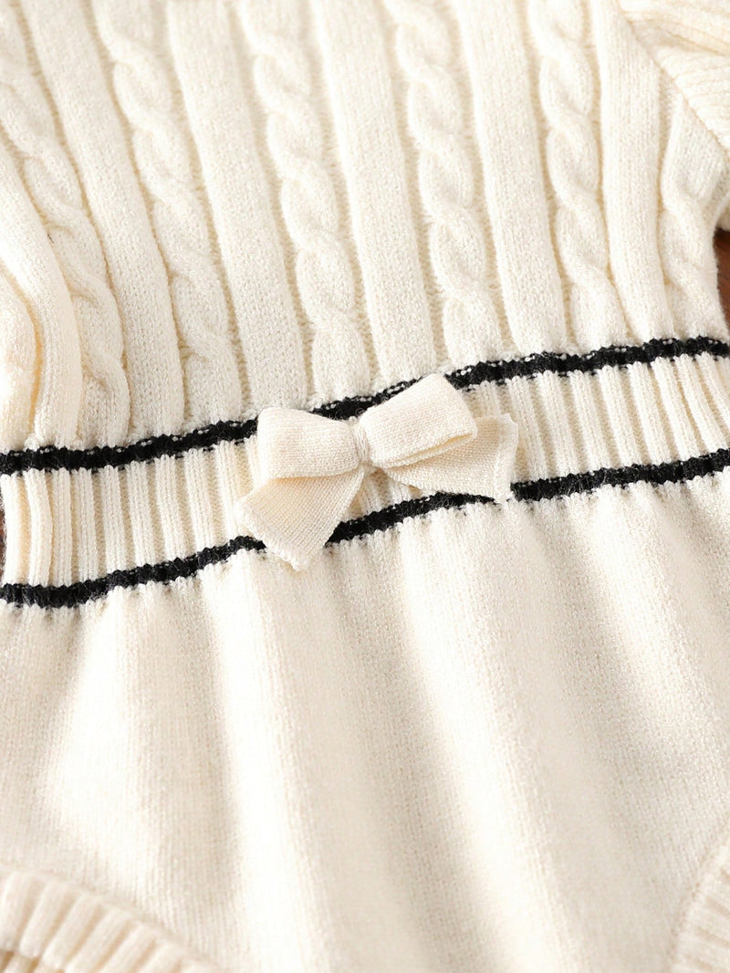 Souflis Souflis Macaquinho de Tricô para Bebê Menina, Gola de Renda Floral de Pescoço Careca Trançado, Manga Bufante Listrada em Preto e Branco com Laço, Macio e Confortável, Adequado para Uso Diário, Passeios, Viagens, Férias, Casa, Creche, Escola