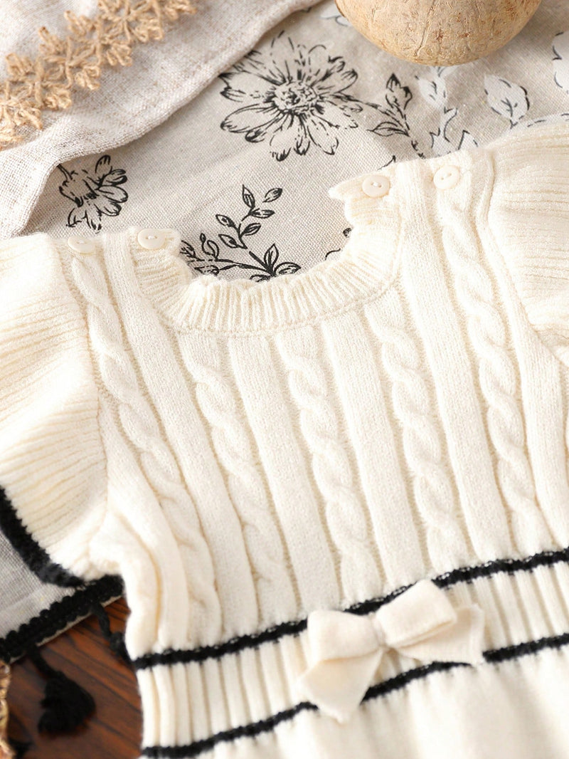 Souflis Souflis Macaquinho de Tricô para Bebê Menina, Gola de Renda Floral de Pescoço Careca Trançado, Manga Bufante Listrada em Preto e Branco com Laço, Macio e Confortável, Adequado para Uso Diário, Passeios, Viagens, Férias, Casa, Creche, Escola