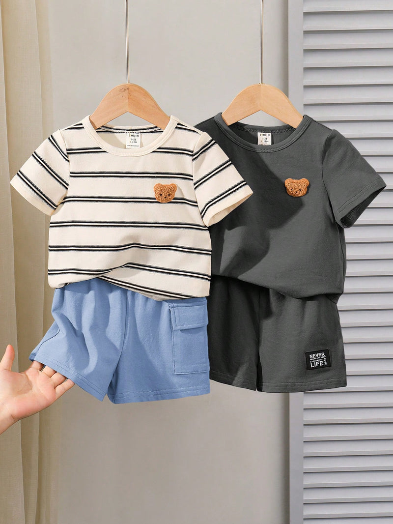 4 peças/conjunto de Verão Estilo Coreano Casual Fofo, Padrão de Desenho Animado Listrado Camiseta Manga Curta, Shorts de Elástico com Bolsos para Meninos e Meninas Bebês