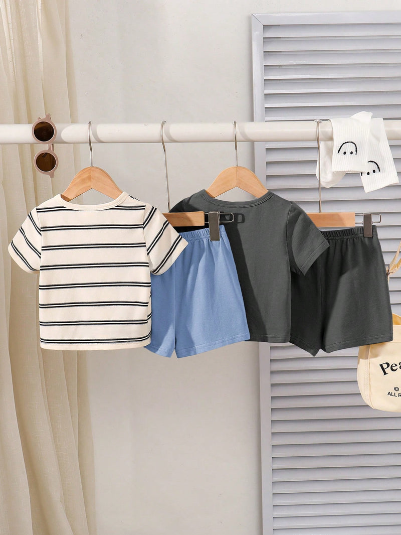 4 peças/conjunto de Verão Estilo Coreano Casual Fofo, Padrão de Desenho Animado Listrado Camiseta Manga Curta, Shorts de Elástico com Bolsos para Meninos e Meninas Bebês