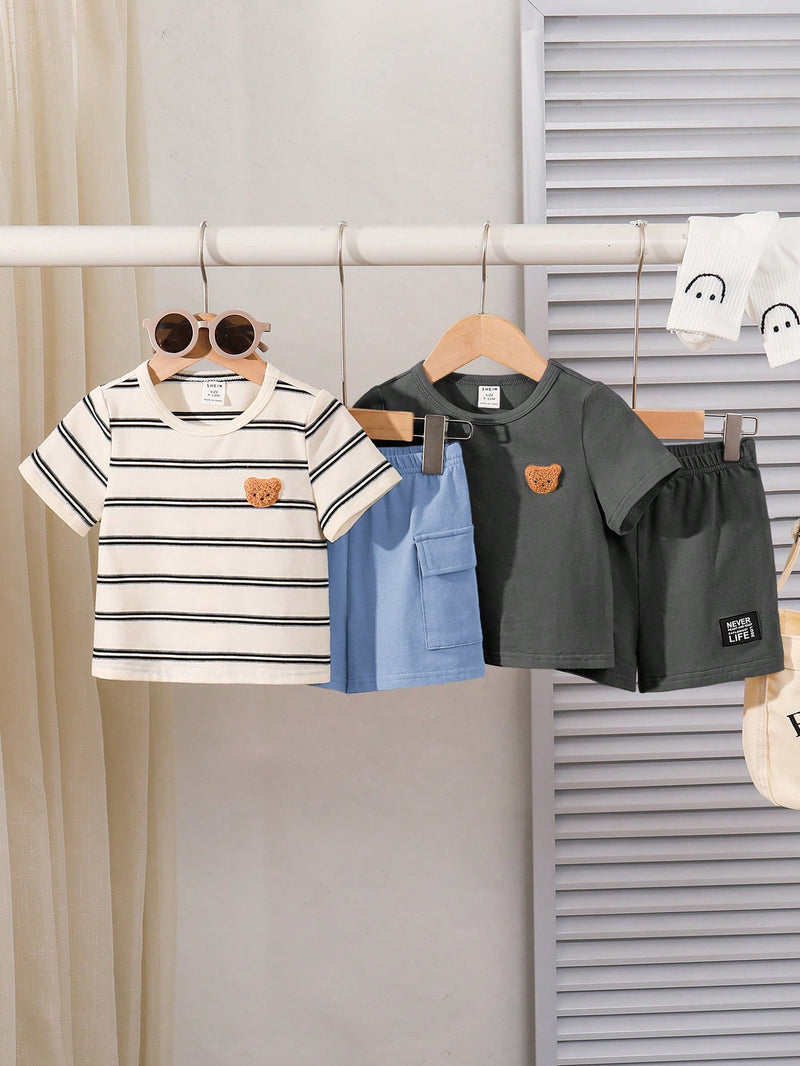 4 peças/conjunto de Verão Estilo Coreano Casual Fofo, Padrão de Desenho Animado Listrado Camiseta Manga Curta, Shorts de Elástico com Bolsos para Meninos e Meninas Bebês