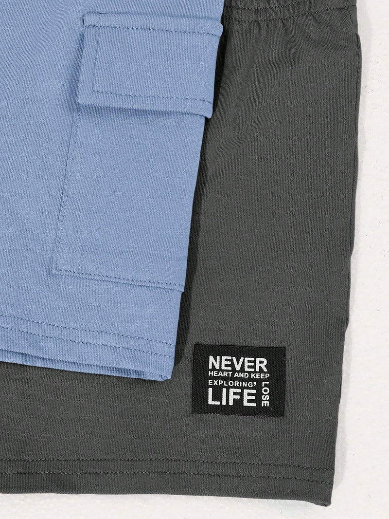 4 peças/conjunto de Verão Estilo Coreano Casual Fofo, Padrão de Desenho Animado Listrado Camiseta Manga Curta, Shorts de Elástico com Bolsos para Meninos e Meninas Bebês