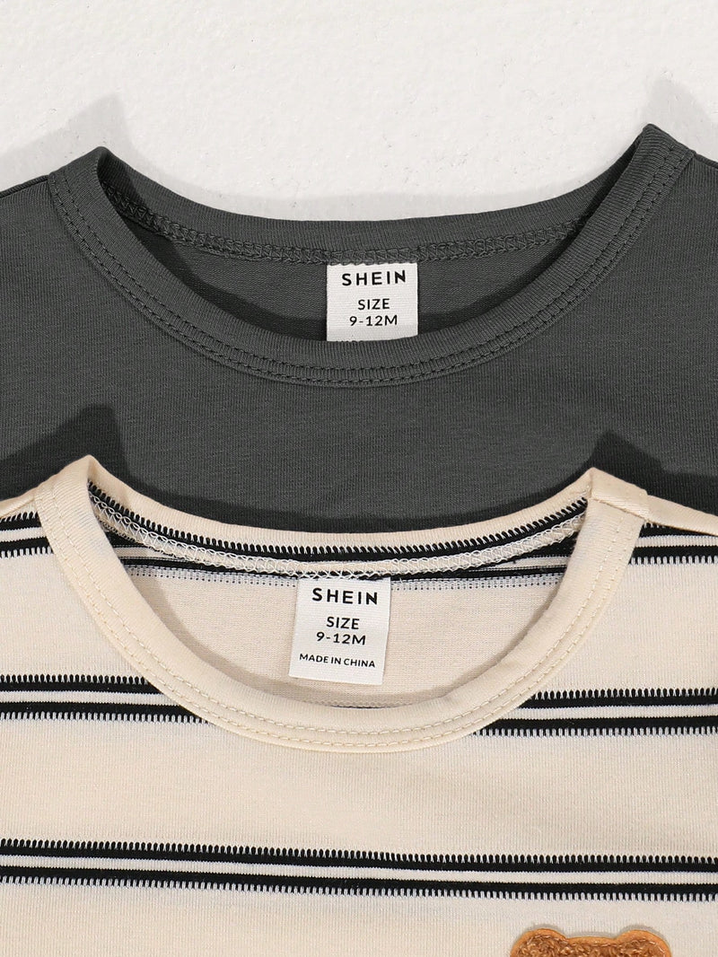 4 peças/conjunto de Verão Estilo Coreano Casual Fofo, Padrão de Desenho Animado Listrado Camiseta Manga Curta, Shorts de Elástico com Bolsos para Meninos e Meninas Bebês