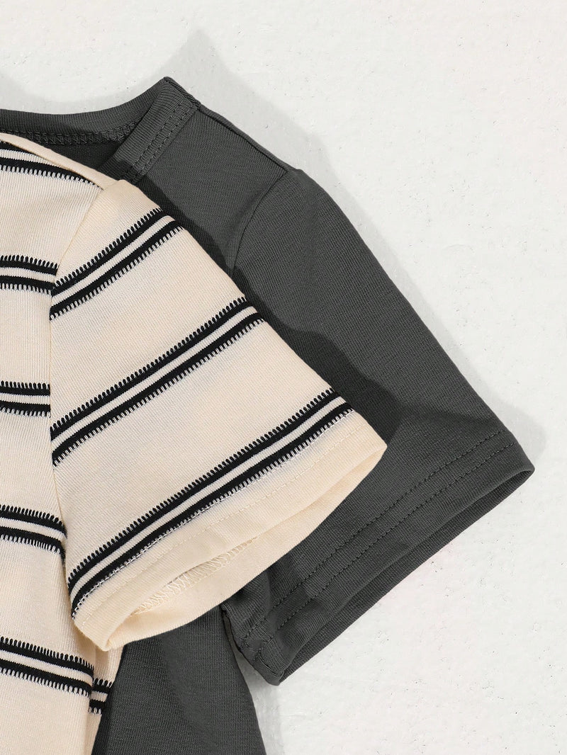 4 peças/conjunto de Verão Estilo Coreano Casual Fofo, Padrão de Desenho Animado Listrado Camiseta Manga Curta, Shorts de Elástico com Bolsos para Meninos e Meninas Bebês