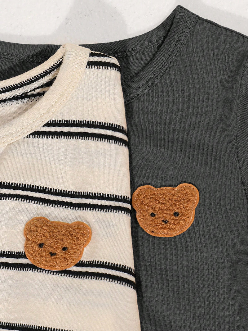 4 peças/conjunto de Verão Estilo Coreano Casual Fofo, Padrão de Desenho Animado Listrado Camiseta Manga Curta, Shorts de Elástico com Bolsos para Meninos e Meninas Bebês