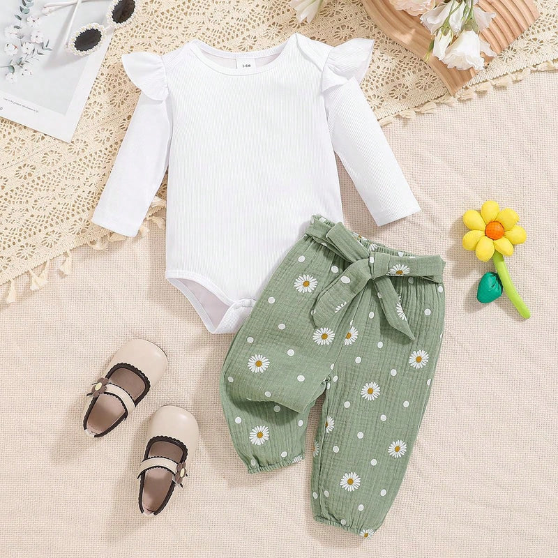 Conjunto de 3 Peças para Bebê Menina - Macacão Longo de Manga Longa com Babado Branco para Outono e Inverno + Calça com Flor de Margarida + Tiara