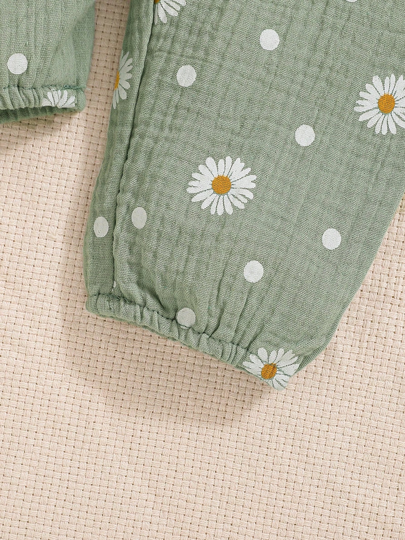 Conjunto de 3 Peças para Bebê Menina - Macacão Longo de Manga Longa com Babado Branco para Outono e Inverno + Calça com Flor de Margarida + Tiara