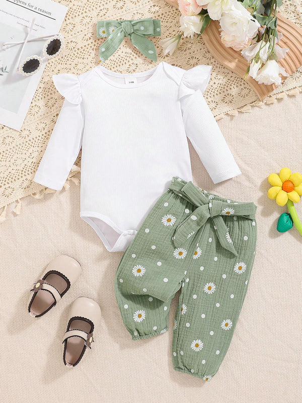 Conjunto de 3 Peças para Bebê Menina - Macacão Longo de Manga Longa com Babado Branco para Outono e Inverno + Calça com Flor de Margarida + Tiara