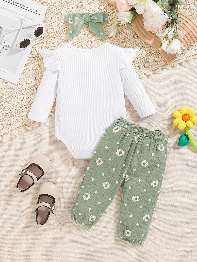 Conjunto de 3 Peças para Bebê Menina - Macacão Longo de Manga Longa com Babado Branco para Outono e Inverno + Calça com Flor de Margarida + Tiara