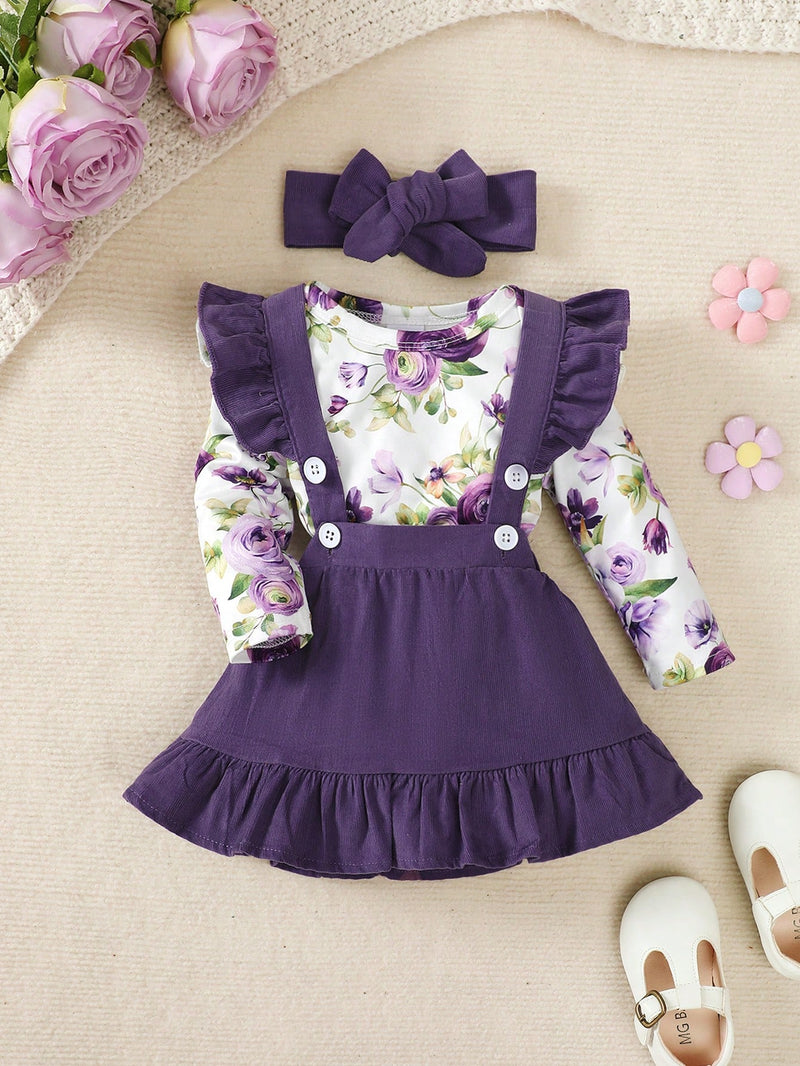 BrownBark Conjunto de Bodysuit com babados florais para bebê menina e saia estilo pinafore com faixa de cabelo combinando