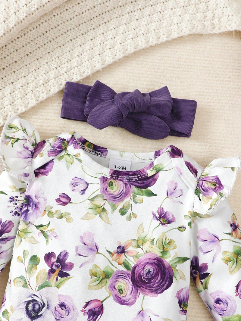 BrownBark Conjunto de Bodysuit com babados florais para bebê menina e saia estilo pinafore com faixa de cabelo combinando
