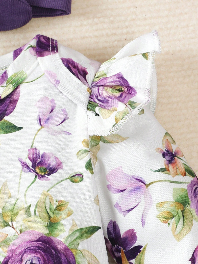 BrownBark Conjunto de Bodysuit com babados florais para bebê menina e saia estilo pinafore com faixa de cabelo combinando