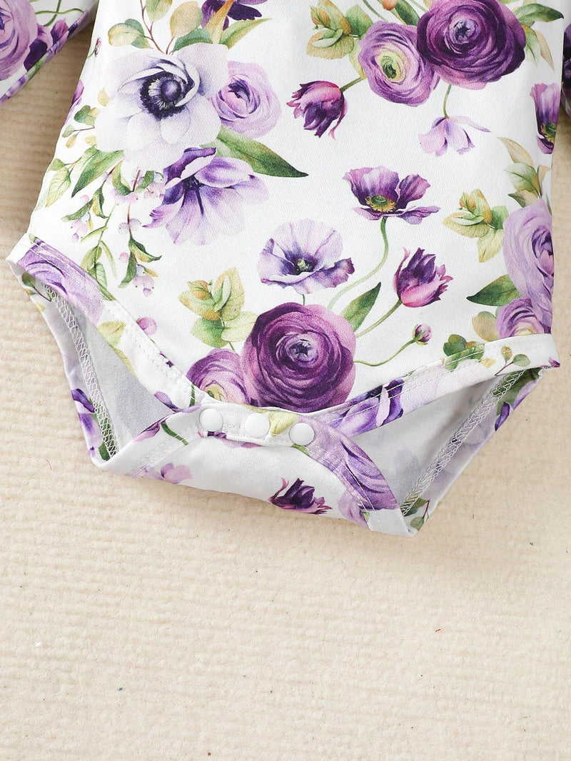 BrownBark Conjunto de Bodysuit com babados florais para bebê menina e saia estilo pinafore com faixa de cabelo combinando