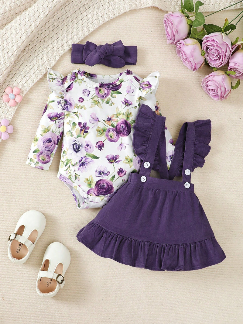 BrownBark Conjunto de Bodysuit com babados florais para bebê menina e saia estilo pinafore com faixa de cabelo combinando