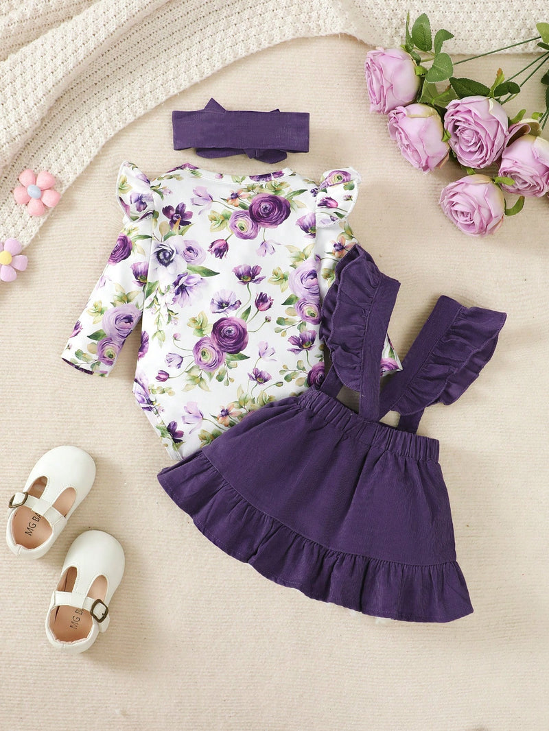 BrownBark Conjunto de Bodysuit com babados florais para bebê menina e saia estilo pinafore com faixa de cabelo combinando