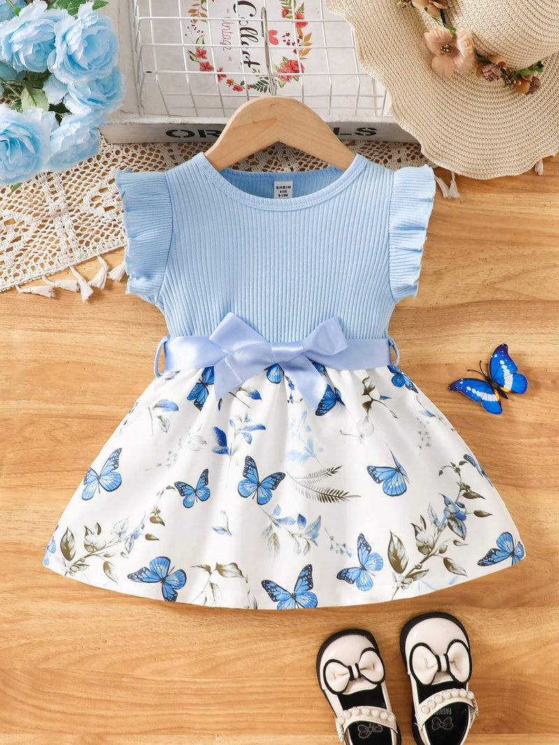 Vestido Fofo Casual e Romântico de Borboleta com Cinto Estampado com Padrão Diário Básico para Bebê Menina, Adequado para Passeios