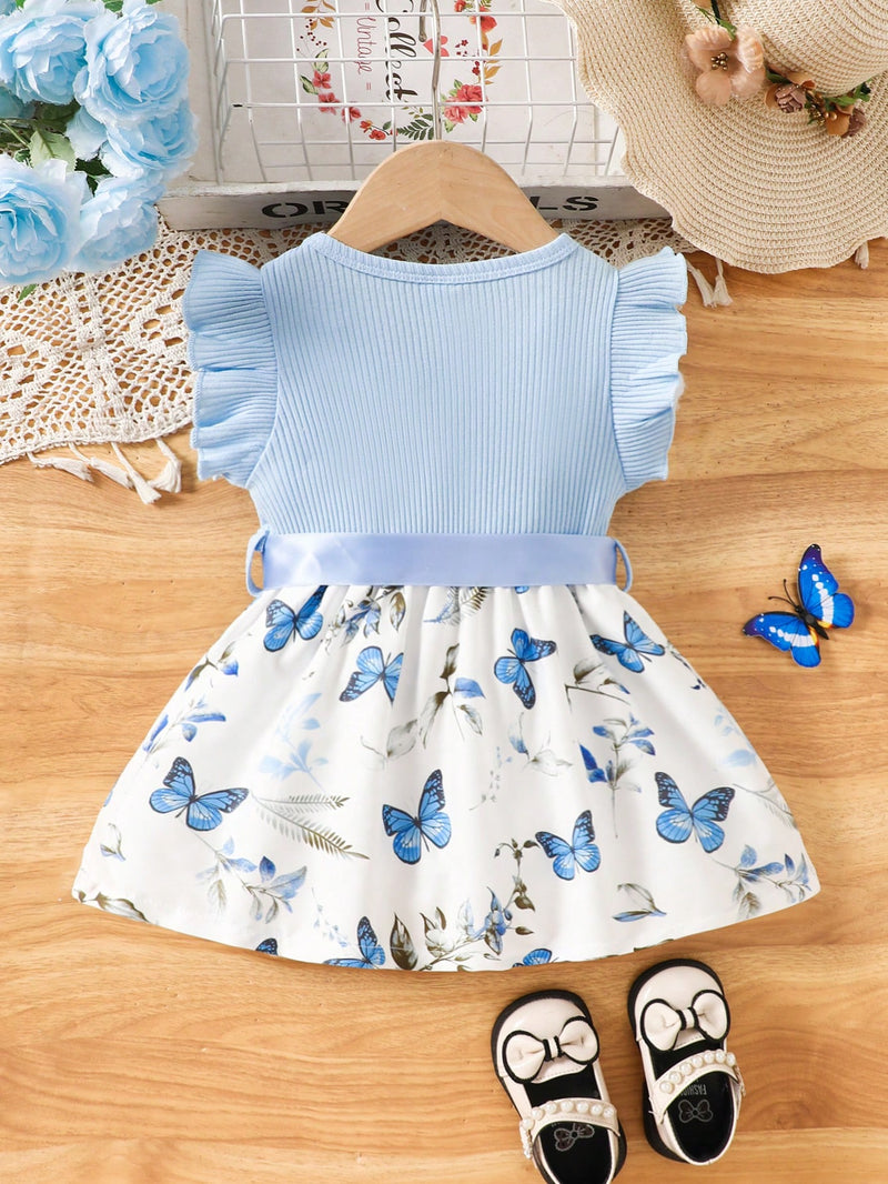 Vestido Fofo Casual e Romântico de Borboleta com Cinto Estampado com Padrão Diário Básico para Bebê Menina, Adequado para Passeios