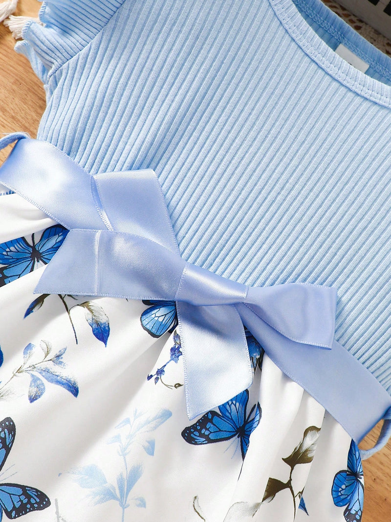 Vestido Fofo Casual e Romântico de Borboleta com Cinto Estampado com Padrão Diário Básico para Bebê Menina, Adequado para Passeios