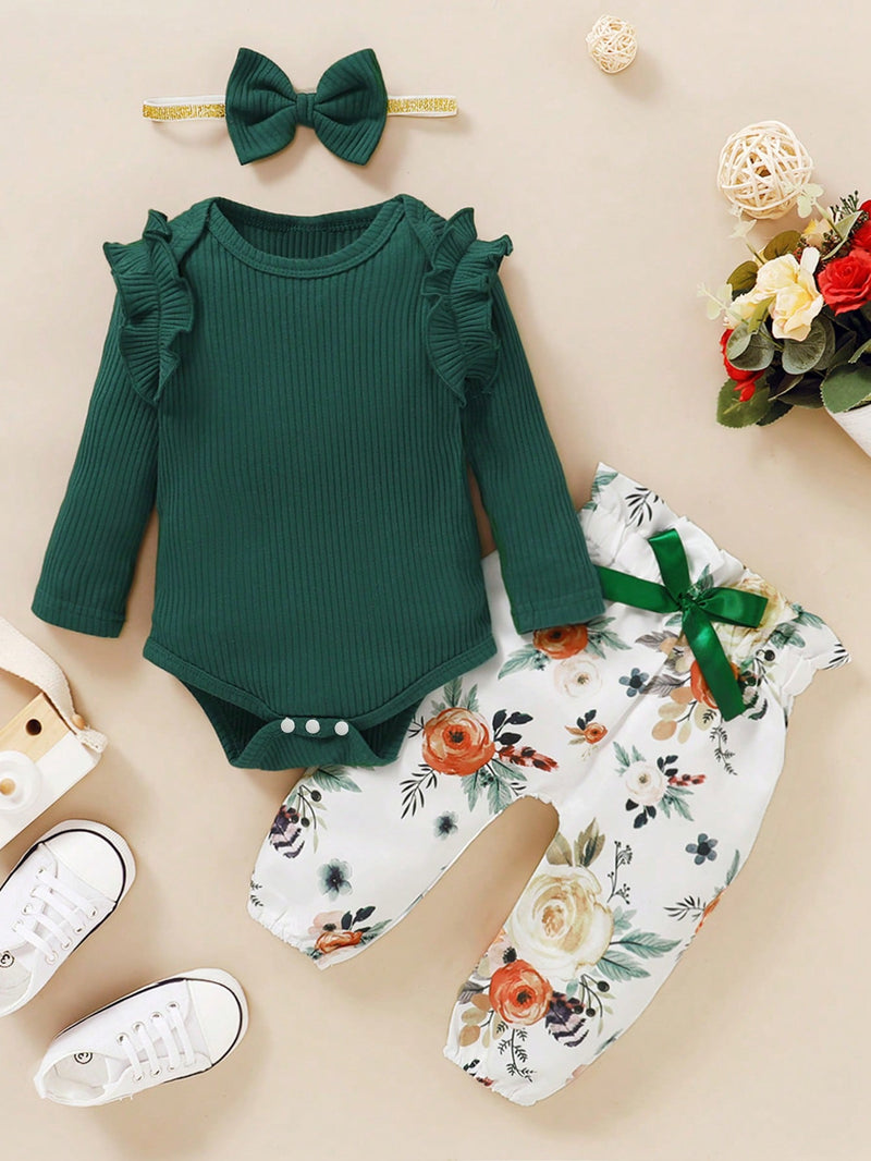 BrownBark 3 peças/Conjunto Casual de Outono para Meninas Bebês: Top Canelada de Cor Sólida + Calça Estampada + Acessório para Cabeça, Versátil