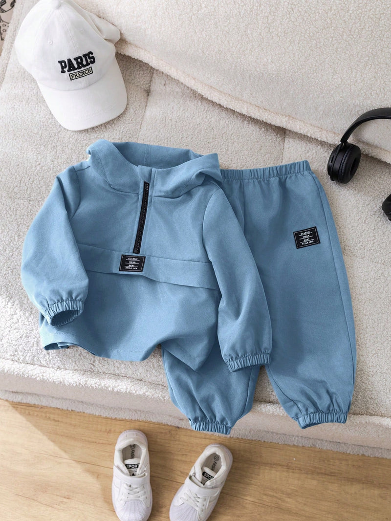 2 Peças Conjunto de Roupa de Outono Verde para Bebê Menino - Moletom com Capuz com Costura Decorativa e Calça com Cintura Elástica, Conjunto Esportivo Casual Combinável Adequado para Uso Externo e Doméstico