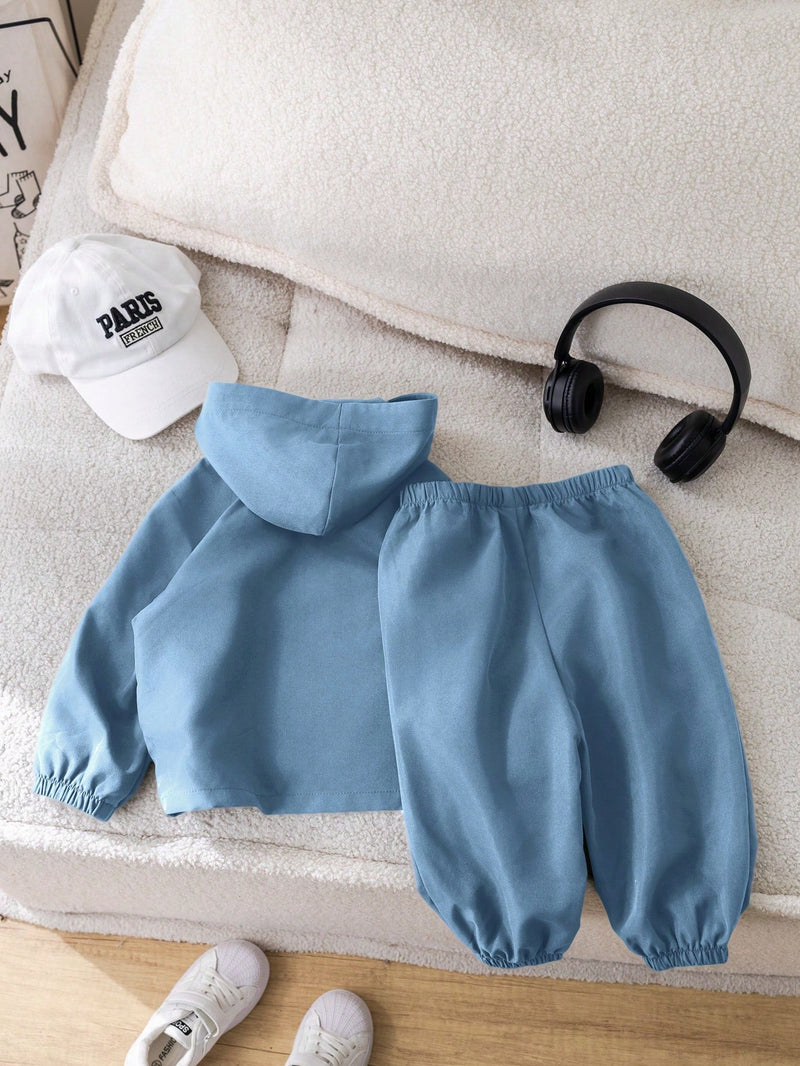 2 Peças Conjunto de Roupa de Outono Verde para Bebê Menino - Moletom com Capuz com Costura Decorativa e Calça com Cintura Elástica, Conjunto Esportivo Casual Combinável Adequado para Uso Externo e Doméstico
