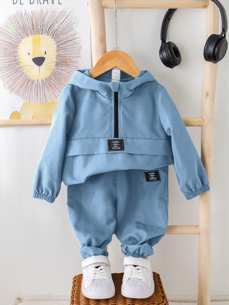 2 Peças Conjunto de Roupa de Outono Verde para Bebê Menino - Moletom com Capuz com Costura Decorativa e Calça com Cintura Elástica, Conjunto Esportivo Casual Combinável Adequado para Uso Externo e Doméstico