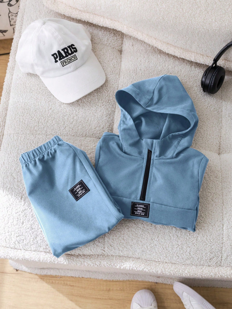 2 Peças Conjunto de Roupa de Outono Verde para Bebê Menino - Moletom com Capuz com Costura Decorativa e Calça com Cintura Elástica, Conjunto Esportivo Casual Combinável Adequado para Uso Externo e Doméstico