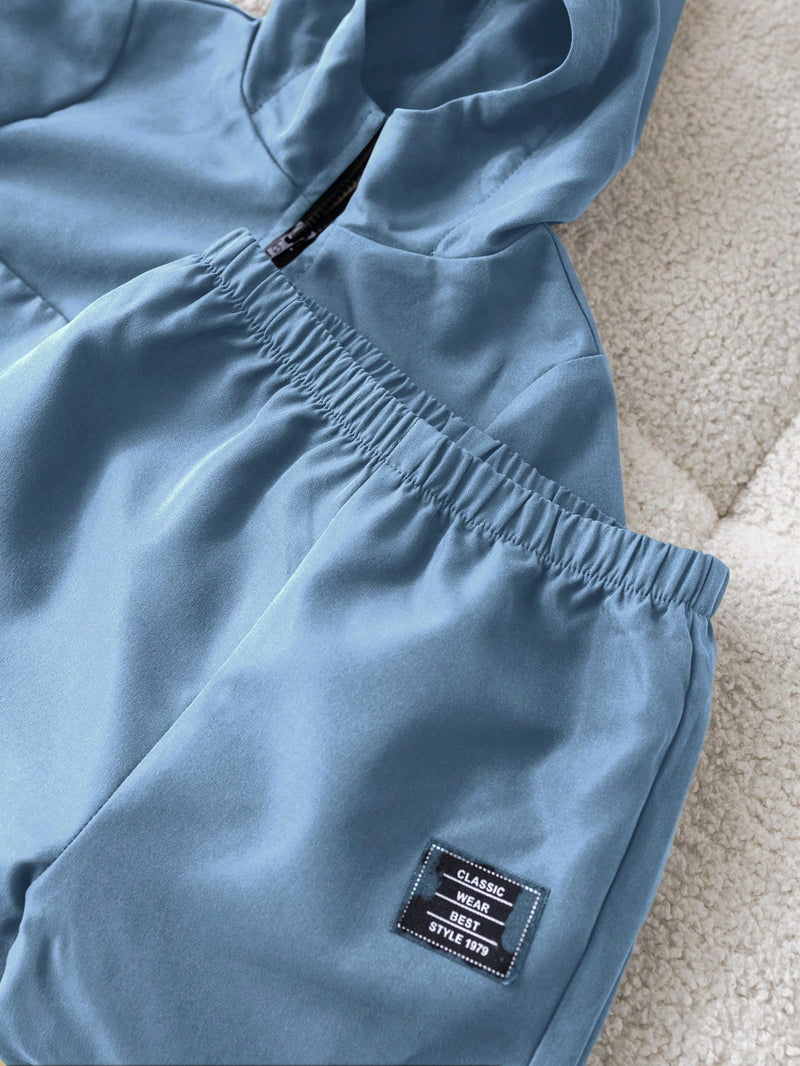2 Peças Conjunto de Roupa de Outono Verde para Bebê Menino - Moletom com Capuz com Costura Decorativa e Calça com Cintura Elástica, Conjunto Esportivo Casual Combinável Adequado para Uso Externo e Doméstico