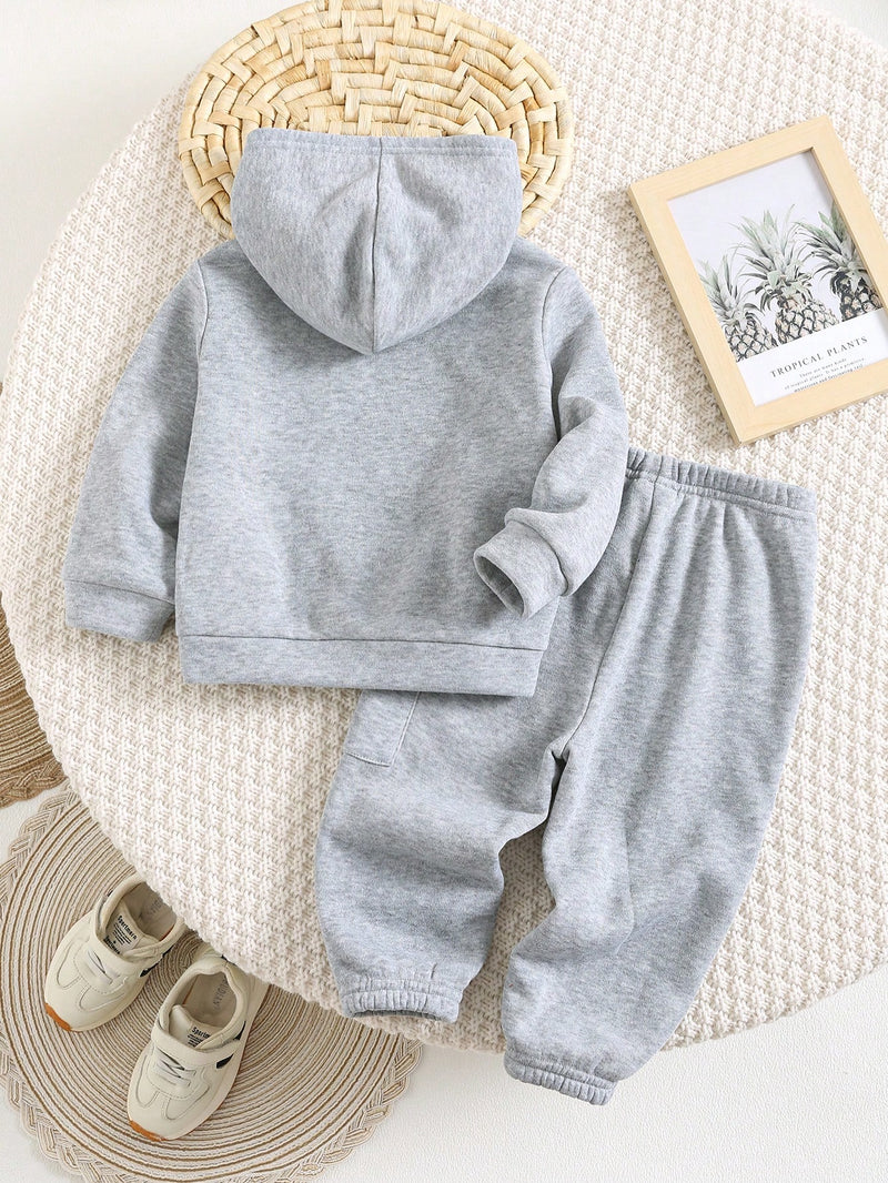 2 Peças Conjunto de Bebê Menino, Moletom com Capuz e Estampa de Letra Casual e Calça Longa de Cintura Elástica, Adequado para Outono/Inverno