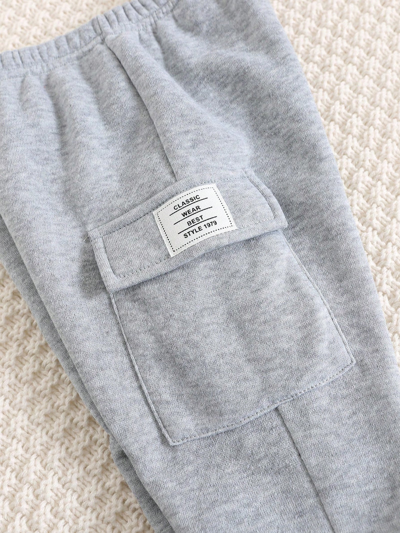 2 Peças Conjunto de Bebê Menino, Moletom com Capuz e Estampa de Letra Casual e Calça Longa de Cintura Elástica, Adequado para Outono/Inverno