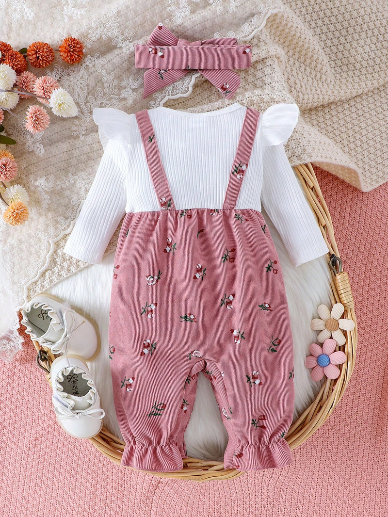 Macaquinho Floral Delicado para Bebê Menina com Decoração em Laço e Tiara, Primavera e Outono