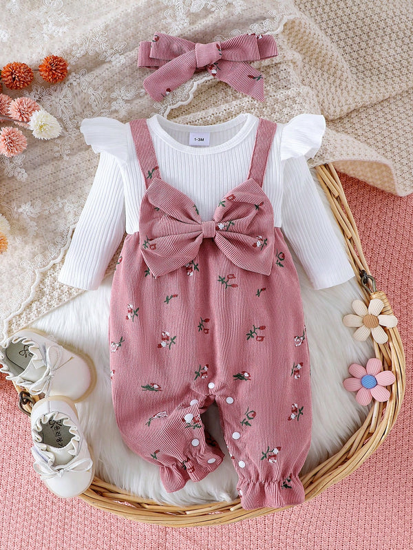 Macaquinho Floral Delicado para Bebê Menina com Decoração em Laço e Tiara, Primavera e Outono