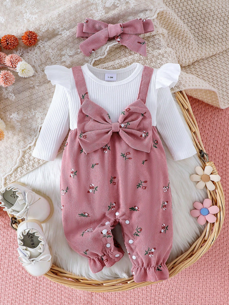Macaquinho Floral Delicado para Bebê Menina com Decoração em Laço e Tiara, Primavera e Outono
