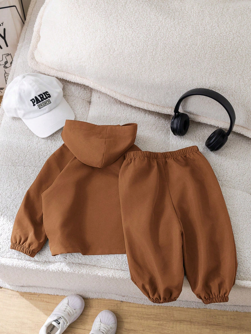2 Peças Conjunto de Roupa de Outono Verde para Bebê Menino - Moletom com Capuz com Costura Decorativa e Calça com Cintura Elástica, Conjunto Esportivo Casual Combinável Adequado para Uso Externo e Doméstico