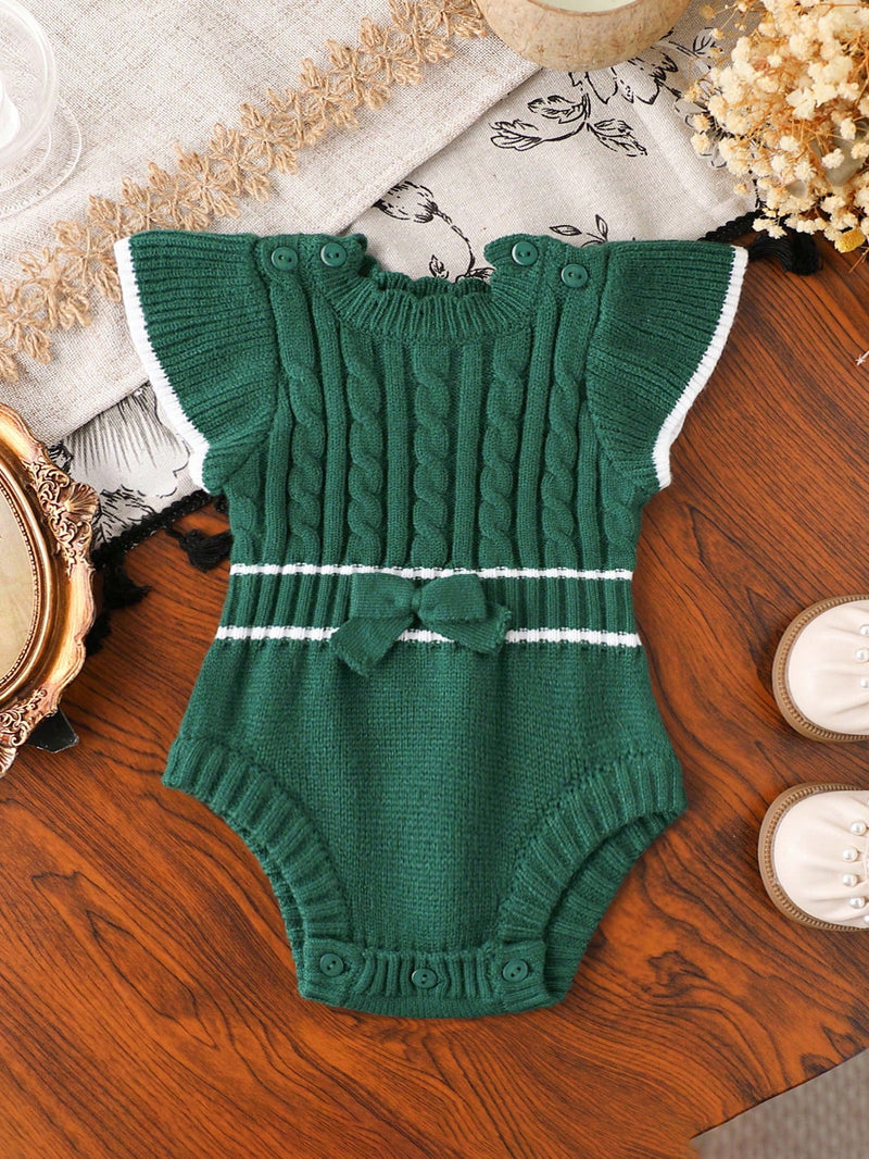 Souflis Souflis Macaquinho de Tricô para Bebê Menina, Gola de Renda Floral de Pescoço Careca Trançado, Manga Bufante Listrada em Preto e Branco com Laço, Macio e Confortável, Adequado para Uso Diário, Passeios, Viagens, Férias, Casa, Creche, Escola