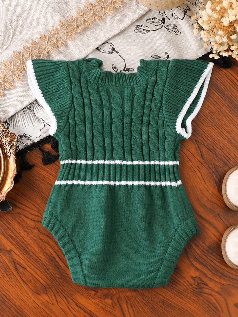 Souflis Souflis Macaquinho de Tricô para Bebê Menina, Gola de Renda Floral de Pescoço Careca Trançado, Manga Bufante Listrada em Preto e Branco com Laço, Macio e Confortável, Adequado para Uso Diário, Passeios, Viagens, Férias, Casa, Creche, Escola