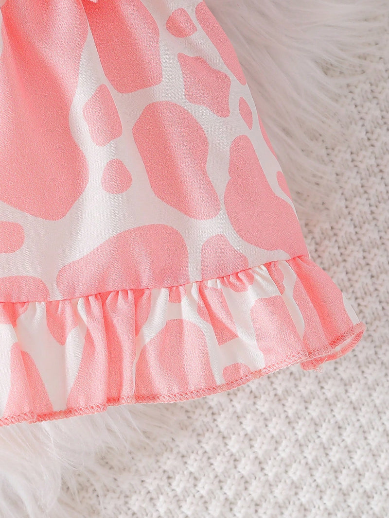 3 peças Conjunto de Roupas Estampado de Vaca para Bebê Recém-Nascida Meninas - Macacão de Manga Longa, Vestido com Avental e Babados, Faixa de Cabeça