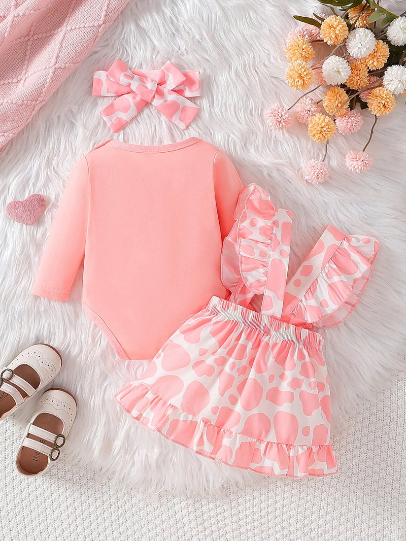 3 peças Conjunto de Roupas Estampado de Vaca para Bebê Recém-Nascida Meninas - Macacão de Manga Longa, Vestido com Avental e Babados, Faixa de Cabeça