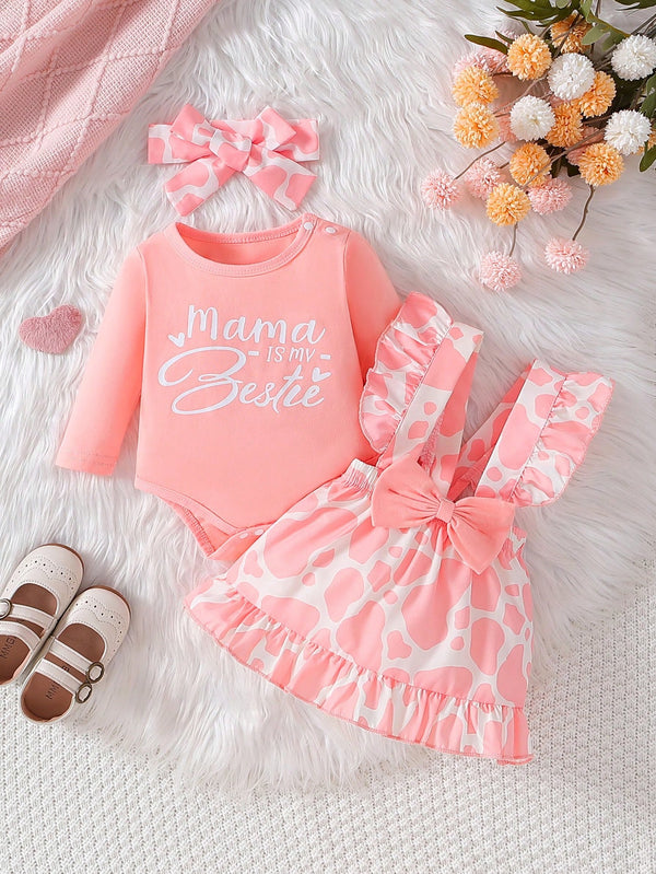 3 peças Conjunto de Roupas Estampado de Vaca para Bebê Recém-Nascida Meninas - Macacão de Manga Longa, Vestido com Avental e Babados, Faixa de Cabeça