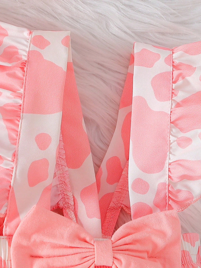 3 peças Conjunto de Roupas Estampado de Vaca para Bebê Recém-Nascida Meninas - Macacão de Manga Longa, Vestido com Avental e Babados, Faixa de Cabeça