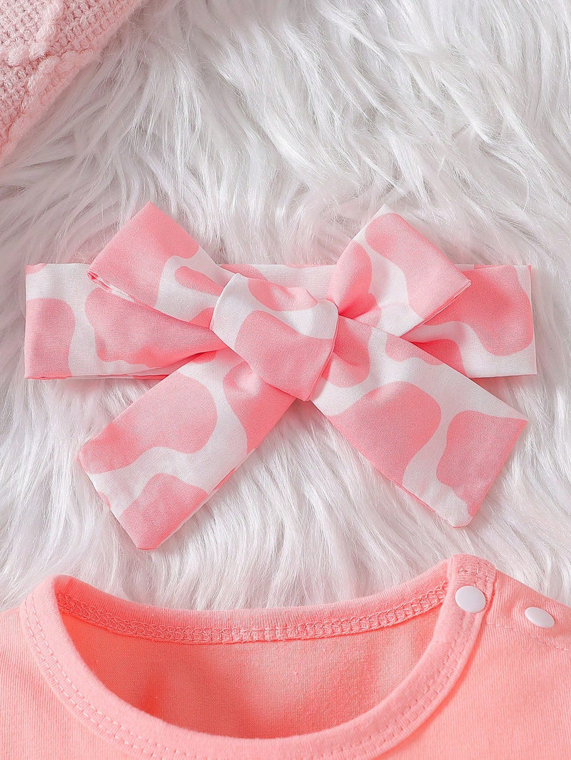 3 peças Conjunto de Roupas Estampado de Vaca para Bebê Recém-Nascida Meninas - Macacão de Manga Longa, Vestido com Avental e Babados, Faixa de Cabeça