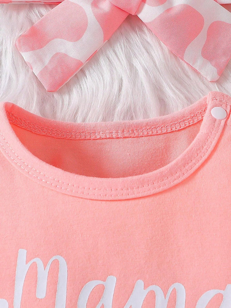 3 peças Conjunto de Roupas Estampado de Vaca para Bebê Recém-Nascida Meninas - Macacão de Manga Longa, Vestido com Avental e Babados, Faixa de Cabeça