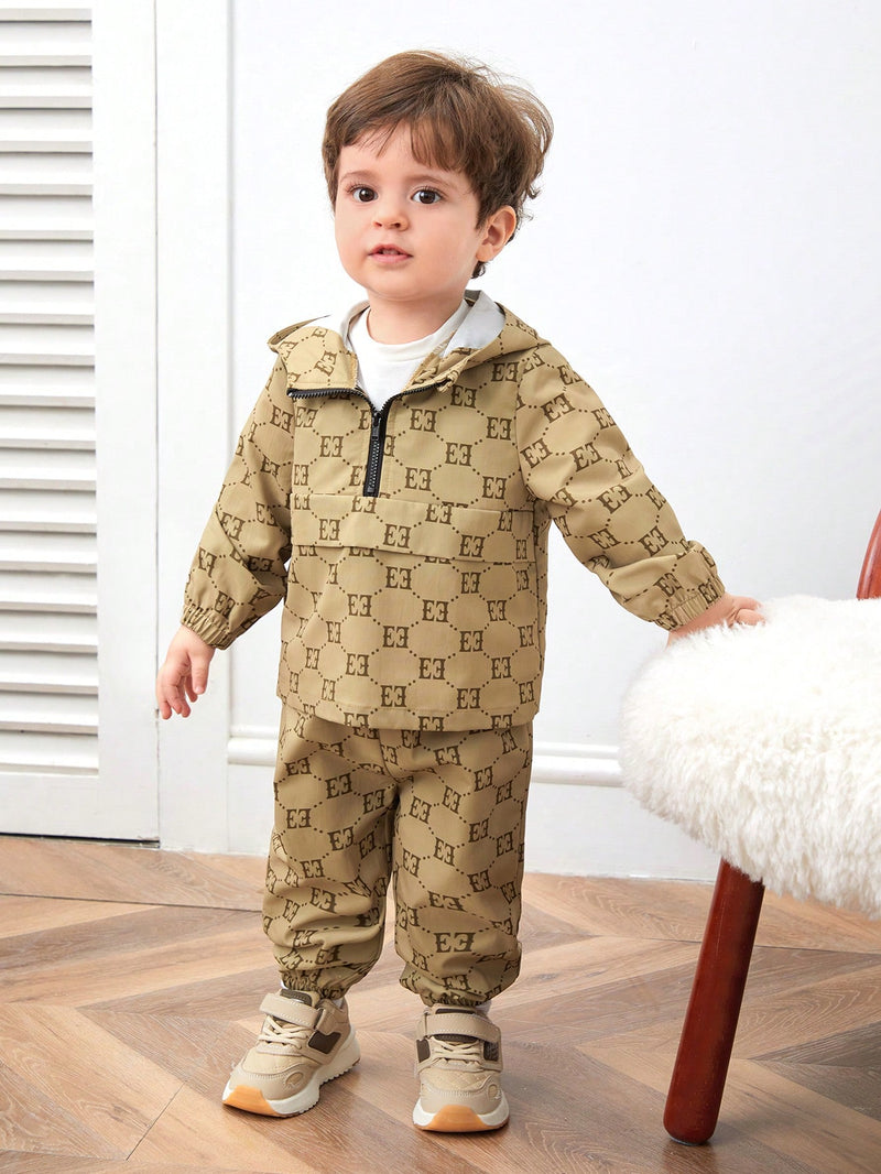 2 Peças Conjunto de Jaqueta com Capuz e Gola em pé e Calça de Cintura Elástica com Estampa Gráfica de Letra Marrom Vintage Casual para Meninos/Meninas, Estilo Moderno para Primavera e Outono