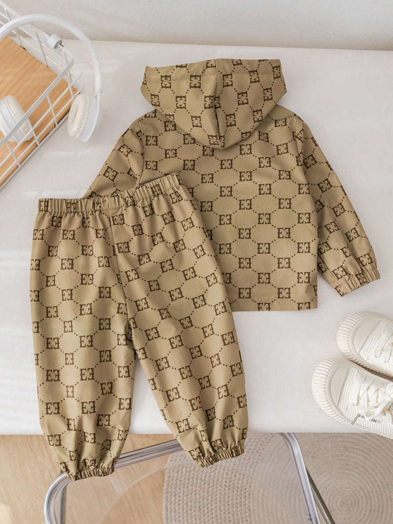 2 Peças Conjunto de Jaqueta com Capuz e Gola em pé e Calça de Cintura Elástica com Estampa Gráfica de Letra Marrom Vintage Casual para Meninos/Meninas, Estilo Moderno para Primavera e Outono