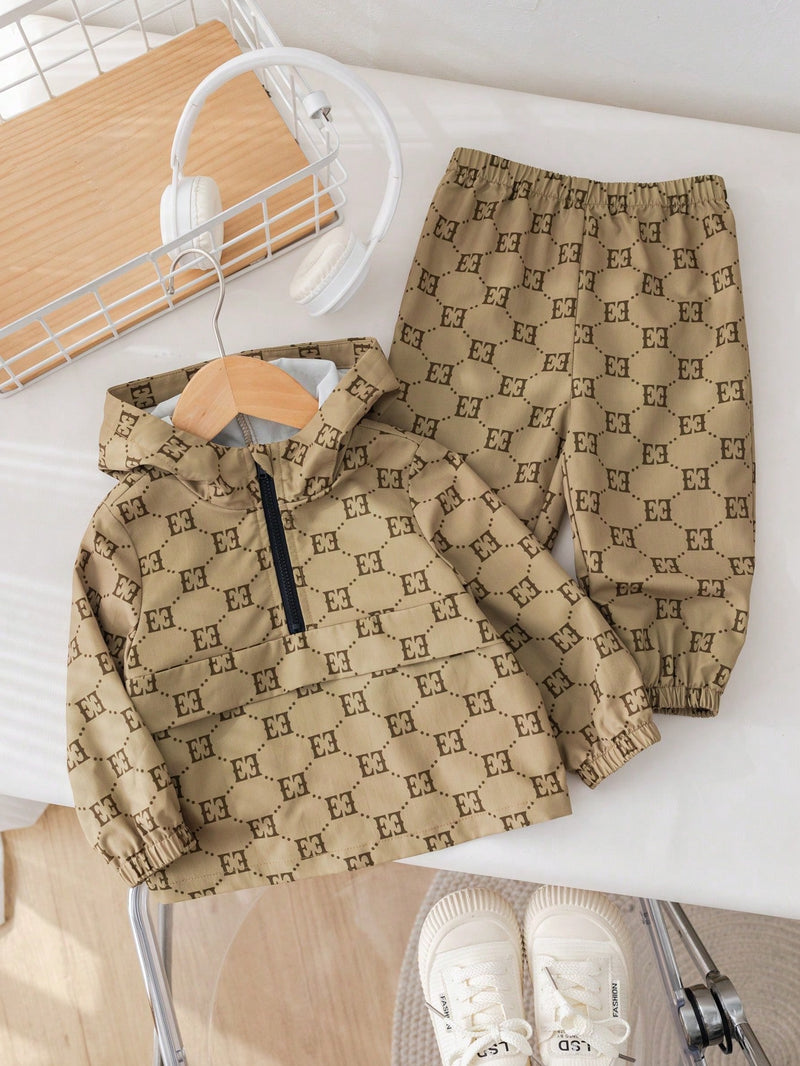 2 Peças Conjunto de Jaqueta com Capuz e Gola em pé e Calça de Cintura Elástica com Estampa Gráfica de Letra Marrom Vintage Casual para Meninos/Meninas, Estilo Moderno para Primavera e Outono
