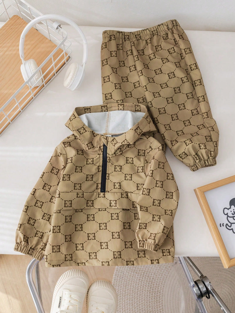 2 Peças Conjunto de Jaqueta com Capuz e Gola em pé e Calça de Cintura Elástica com Estampa Gráfica de Letra Marrom Vintage Casual para Meninos/Meninas, Estilo Moderno para Primavera e Outono